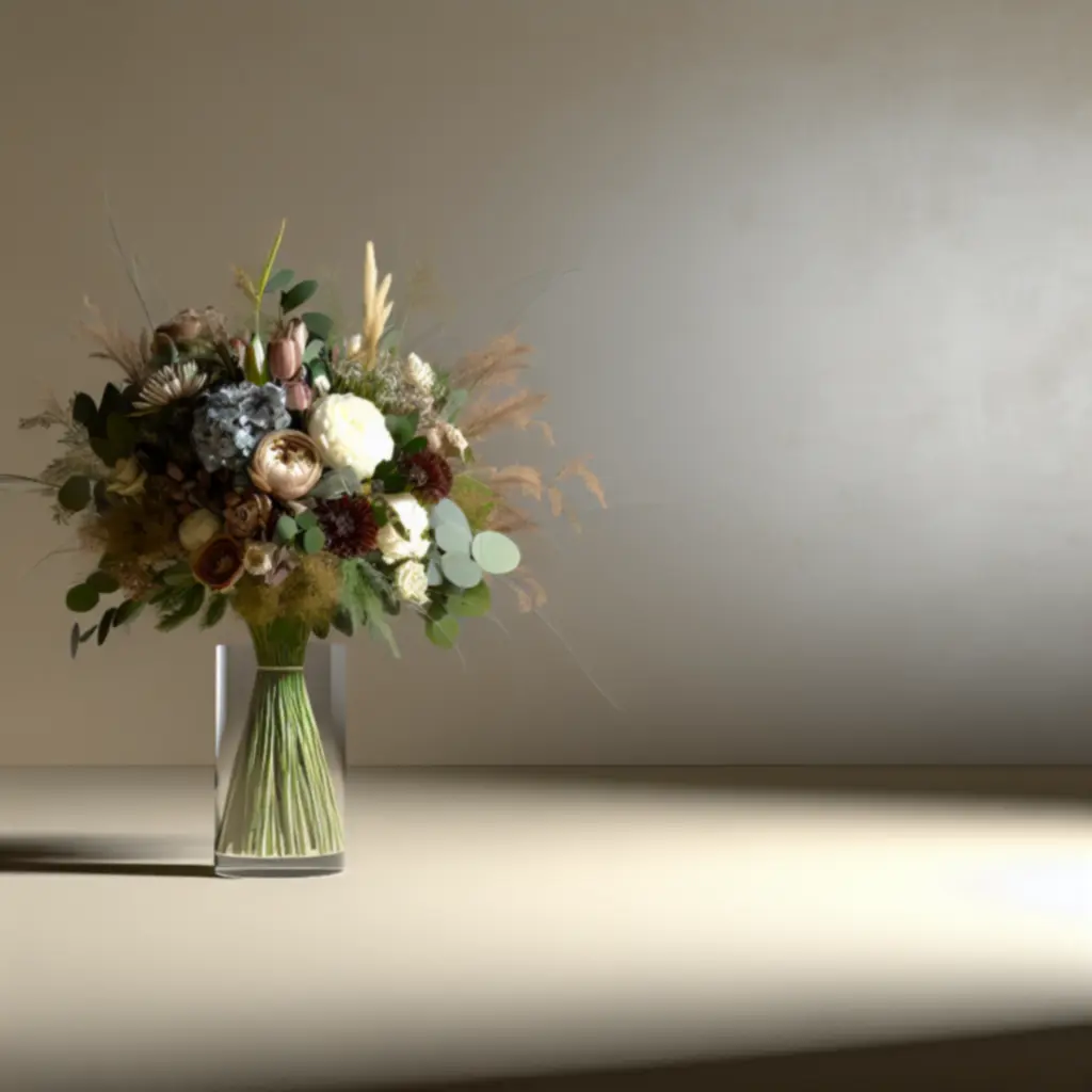 Részletesen fotózott, pasztell árnyalatú virágcsokor finom levelekkel