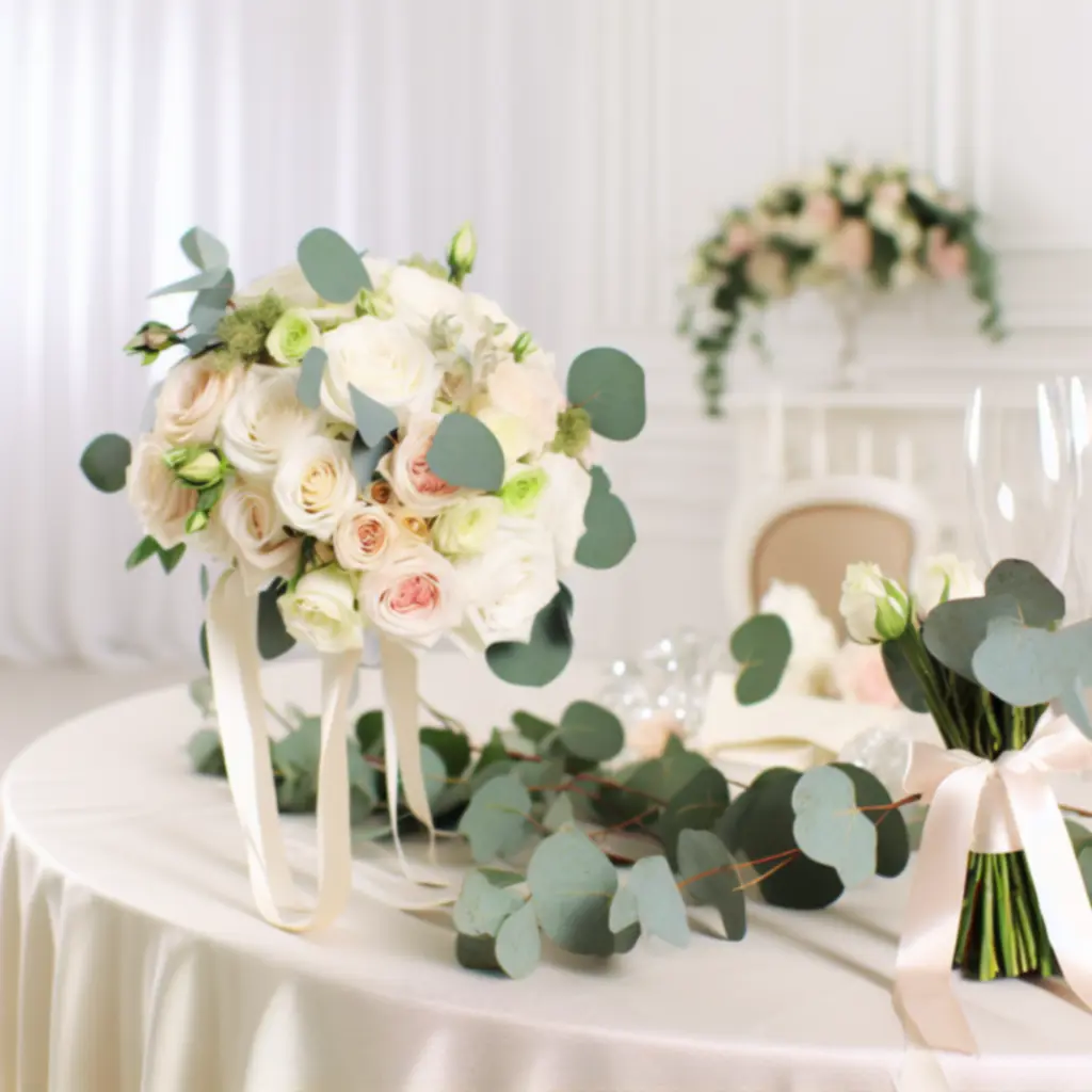Esküvői virágdekoráció pasztell rózsákkal és zöld levelekkel
