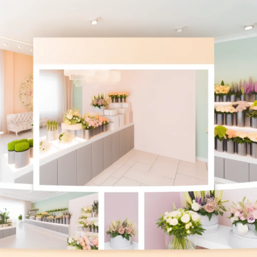 Rendezett virág- és növénykategóriák világos polcokon, feliratokkal