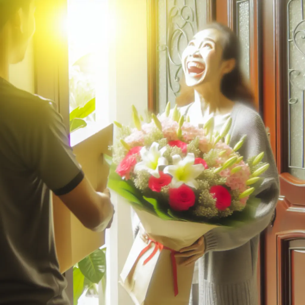 Vásárló, amint mosolyogva átvesz egy friss virágcsokrot a virágüzletben