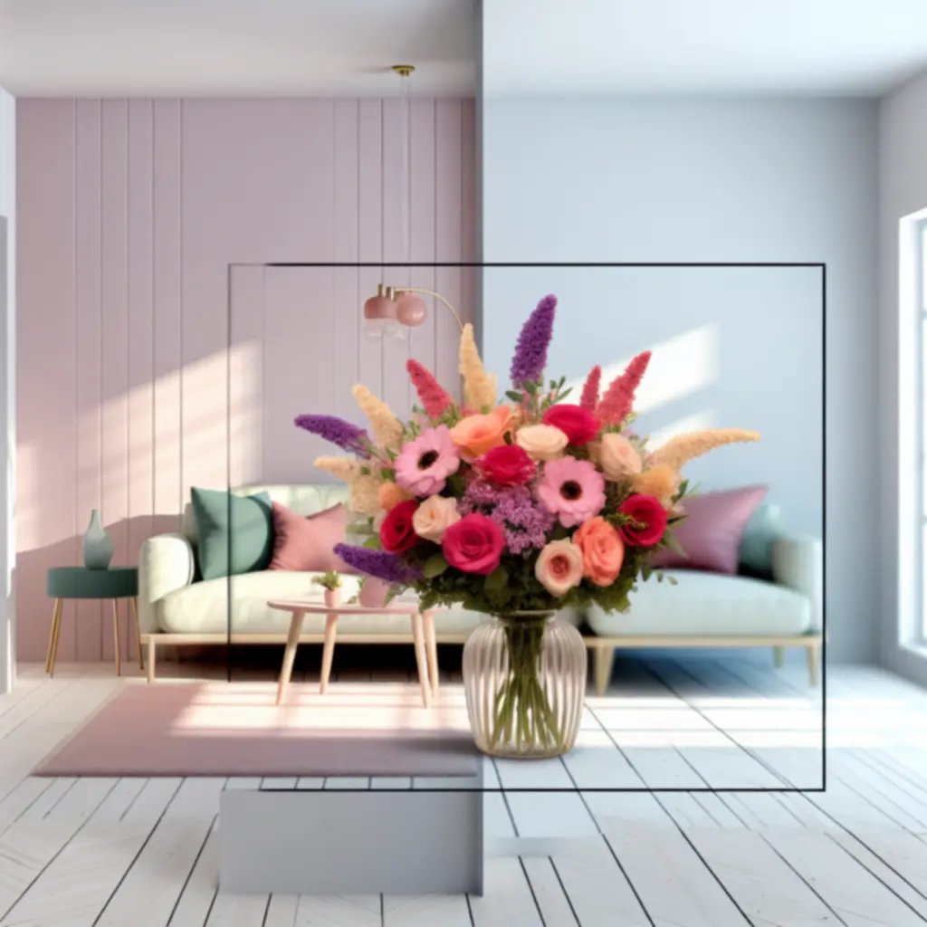 Pasztell virágcsokor egy világos, otthonos nappaliban