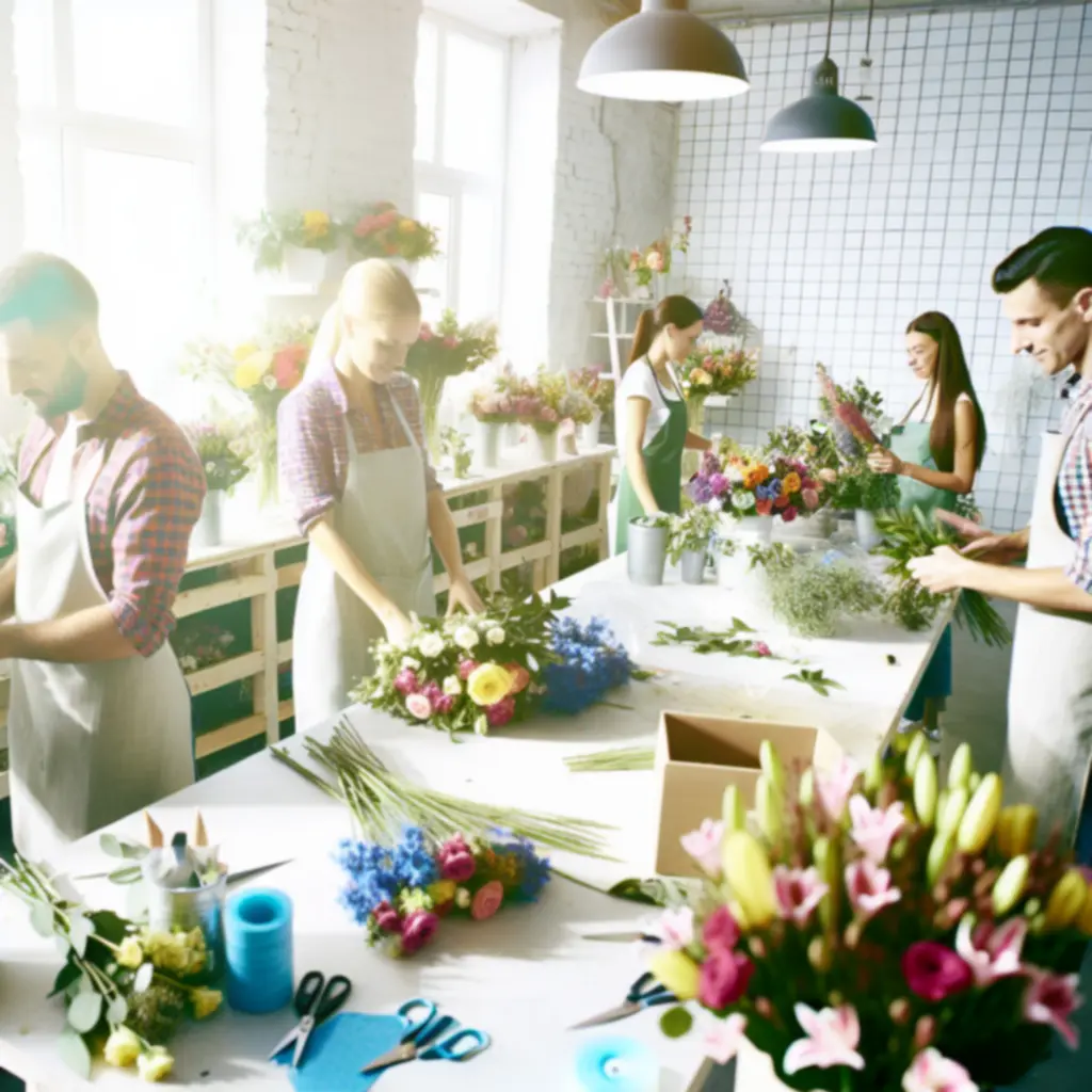 Floristák csapata virágcsokrokat készít modern, világos műhelyben