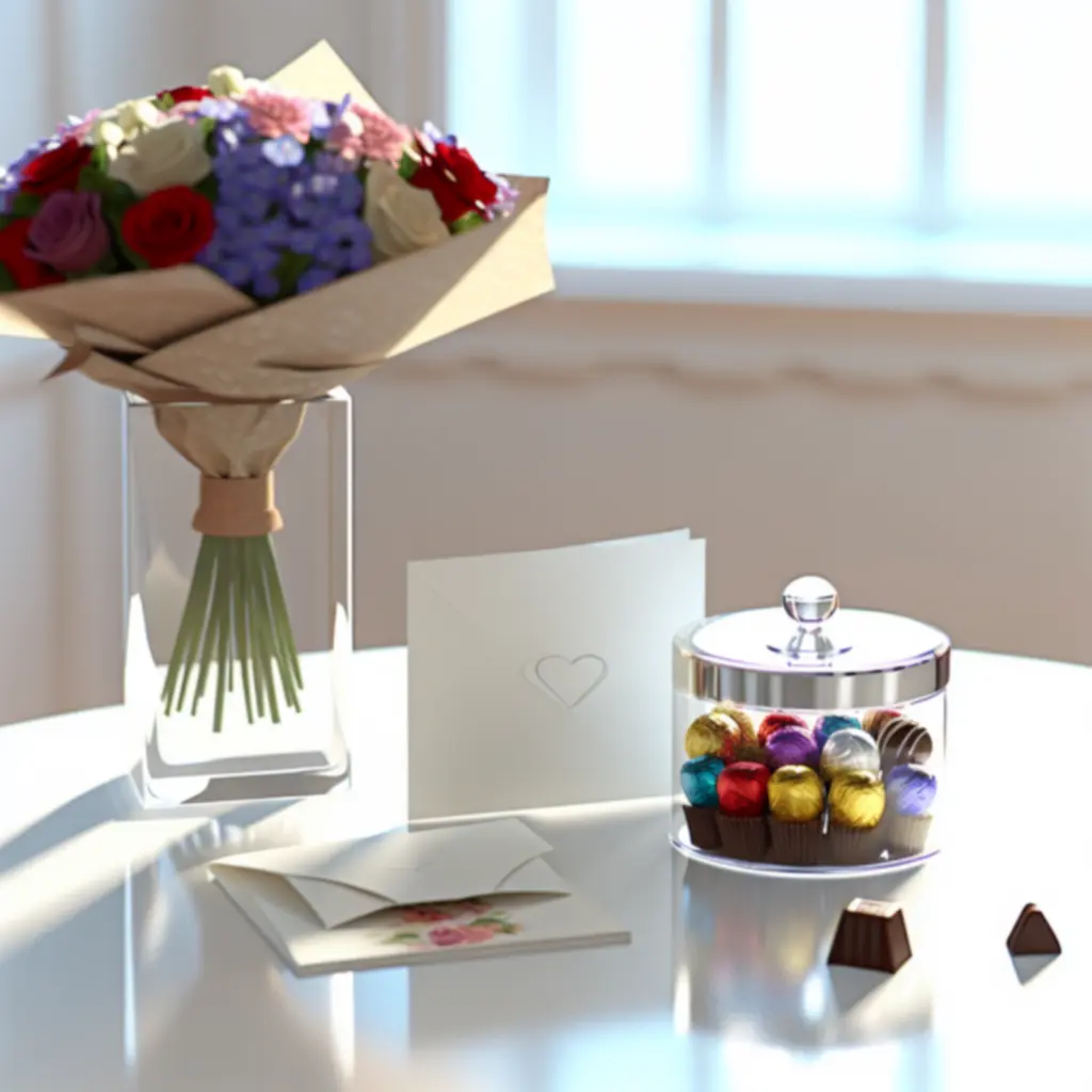 Virágcsokor mellett elhelyezett vázák, csokoládék és ajándékkártyák.