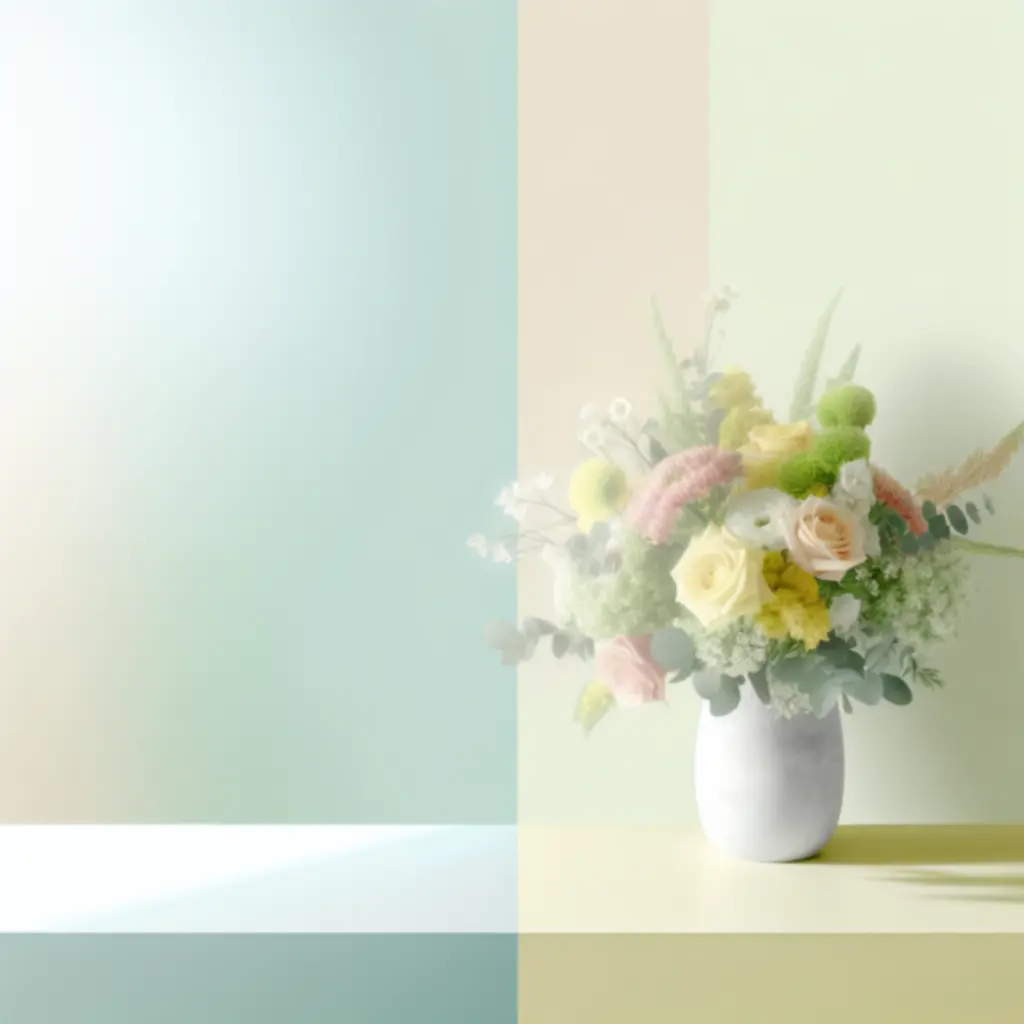 Kiemelt virágcsokrok és növények egy modern, világos virágüzlet kirakatában