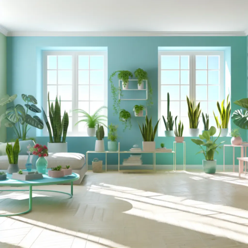 Világos, modern nappali többféle növénnyel berendezve.