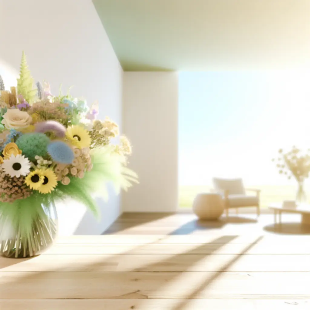 Virágcsokor világos étkezőasztalon, modern, letisztult környezetben