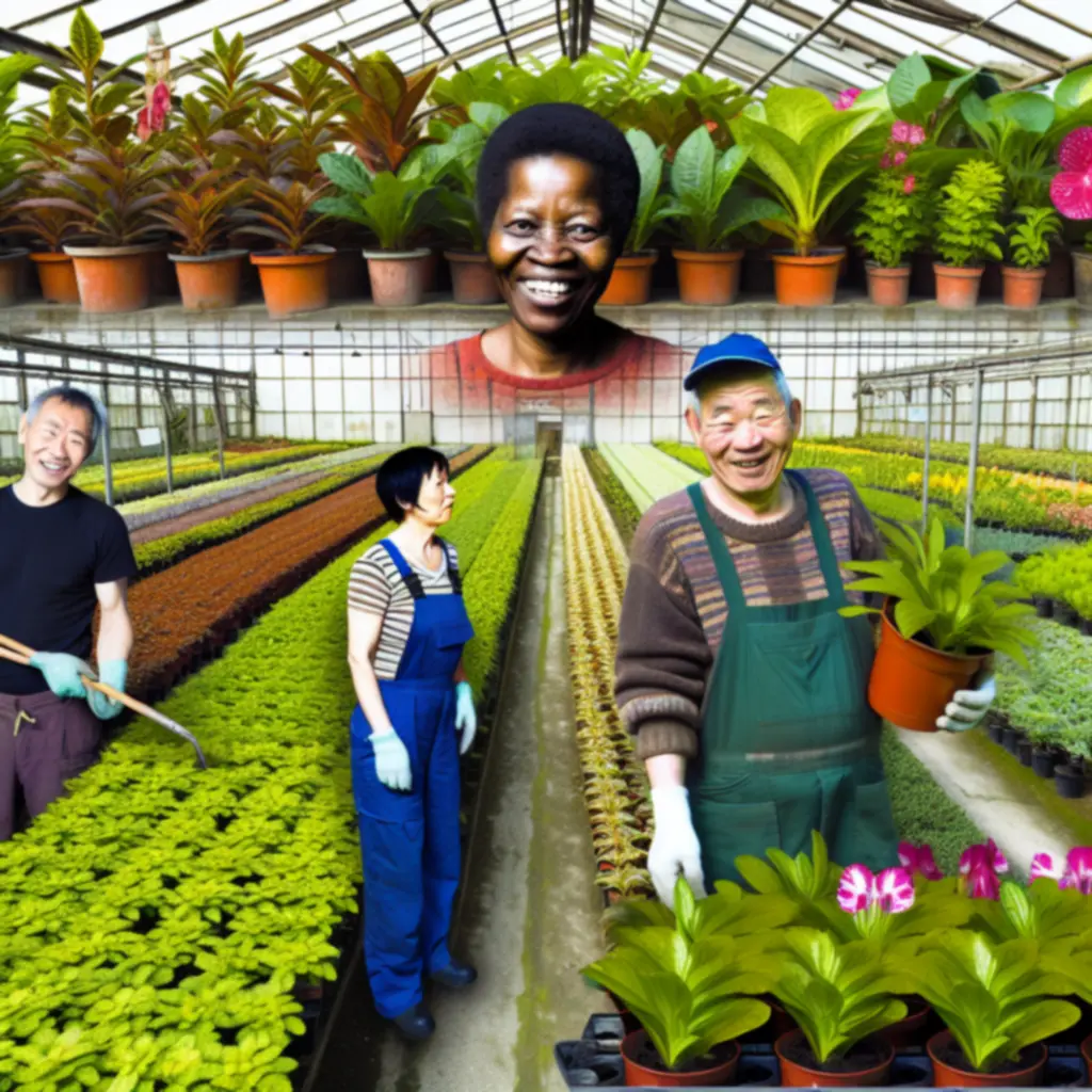 Helyi termesztők modern üvegháza zöld növényekkel.