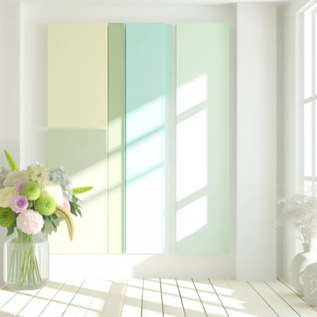 Elegáns, pasztell színű virágcsokor üvegvázában, finom zöld levelekkel