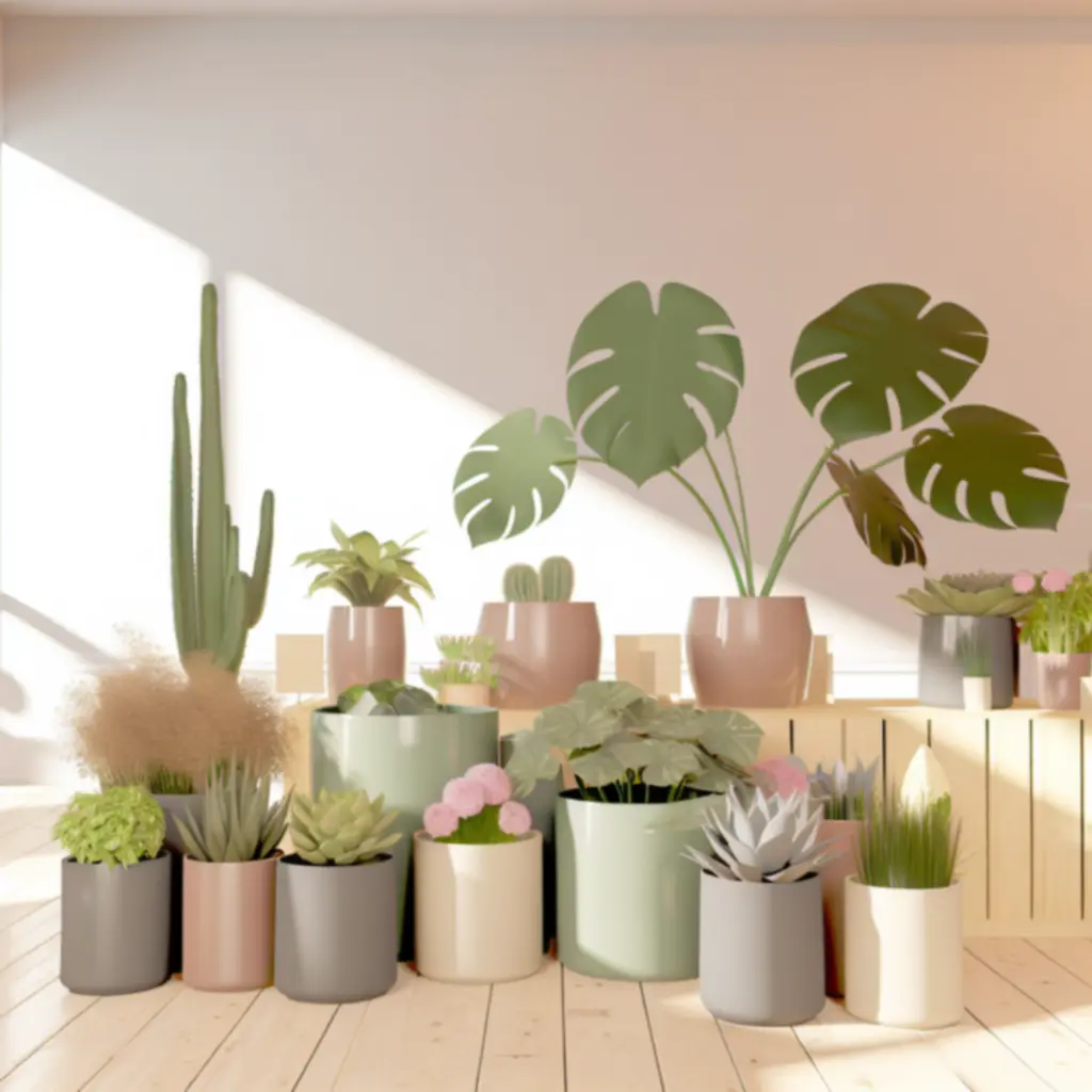 Különböző dísznövények elegáns kaspókban, világos, modern térben elhelyezve.