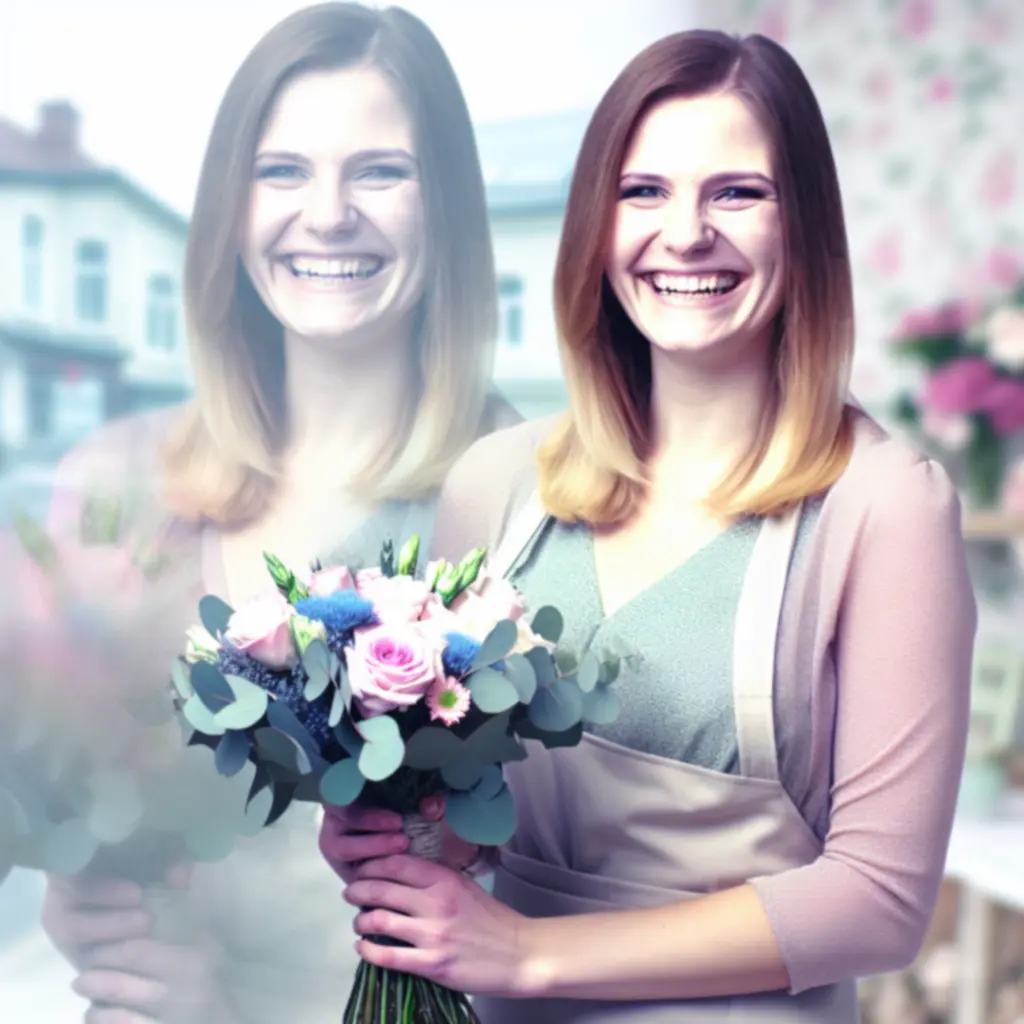 Mosolygó vásárló portréja egy virágcsokorral