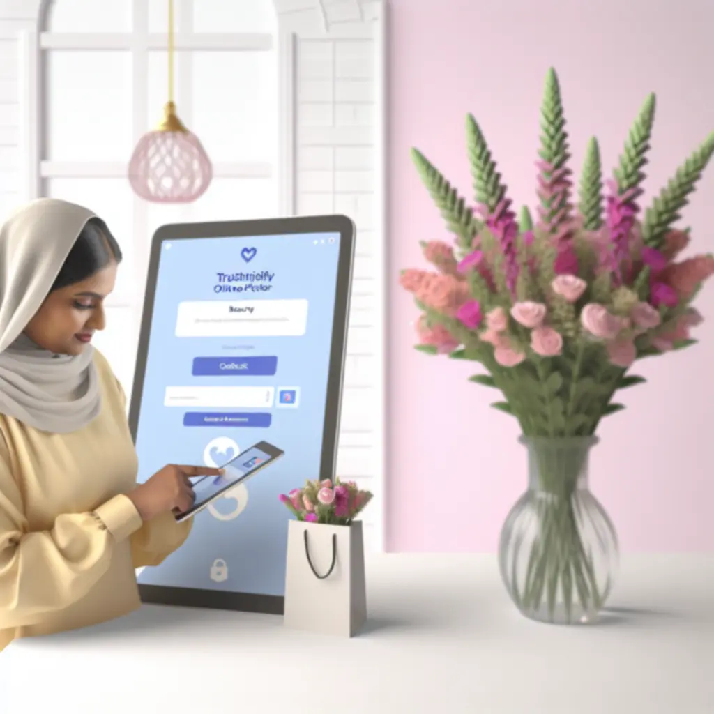 Biztonságos online fizetés folyamata egy laptop képernyőjén, virág illusztrációkkal